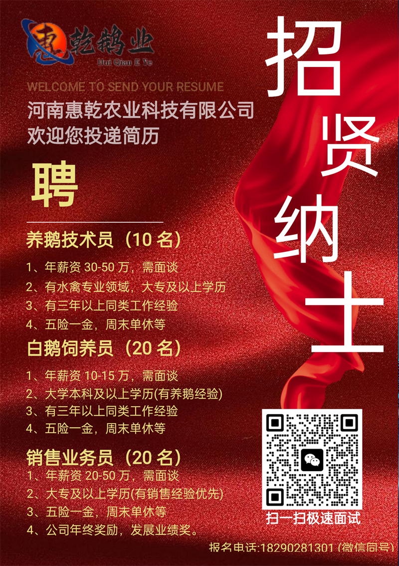 养鹅技术员(10名)；白鹅饲养员(20名)；销售业务员(20名)